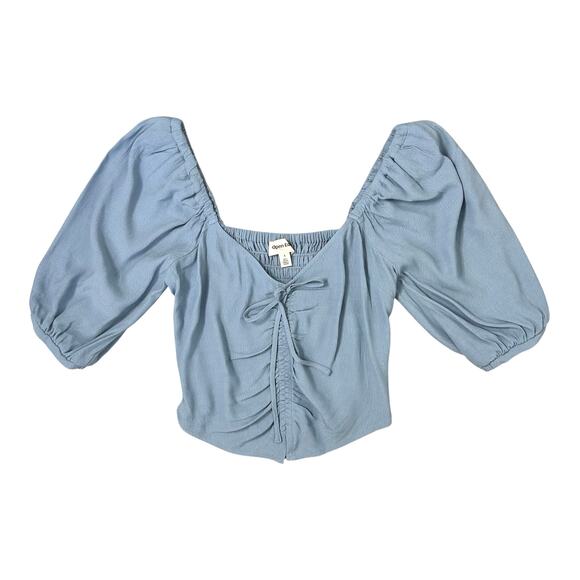 Open Edit Puff Sleeve Ruched Crop Top in Chambray Blue - Picture 5 of 8